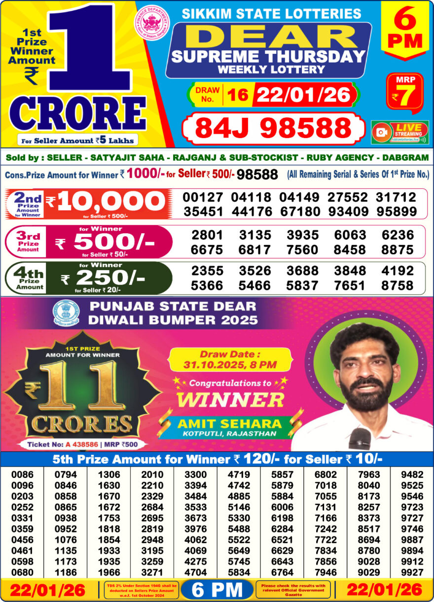 Dear Lottery Result Today 6 PM – 22 January 2026