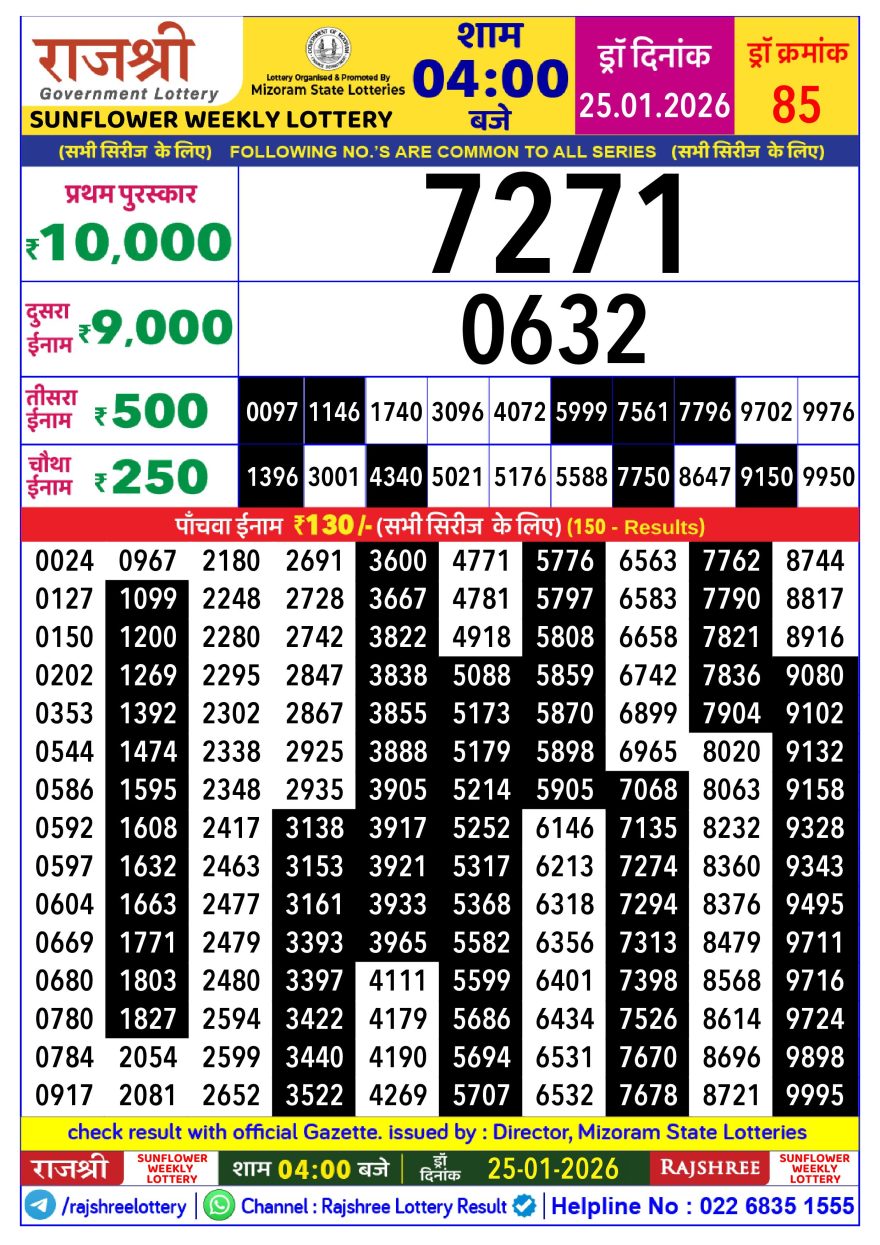 Rajshree Lottery Result Today 4 PM – 25 January 2026