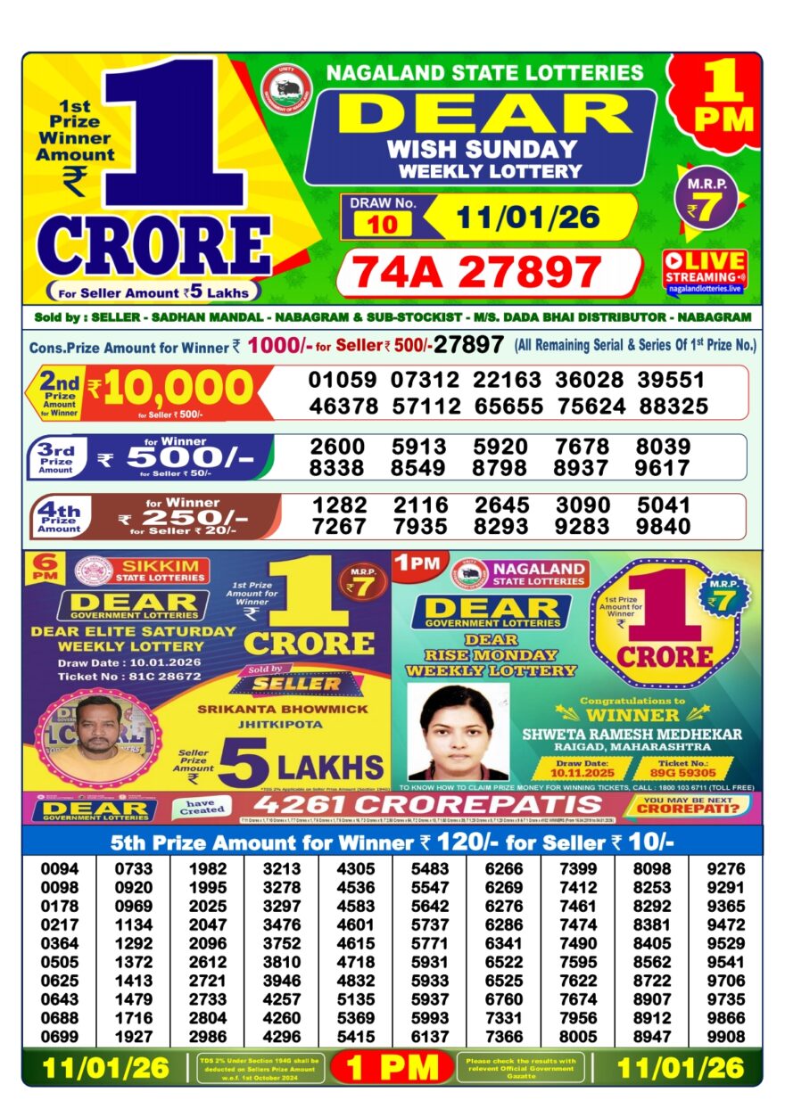 Dear Lottery Result Today 1 PM – 11 January 2026