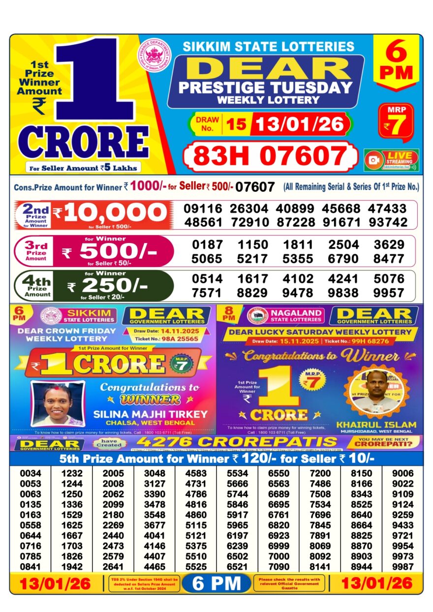 Dear Lottery Result Today 6 PM – 13 January 2026