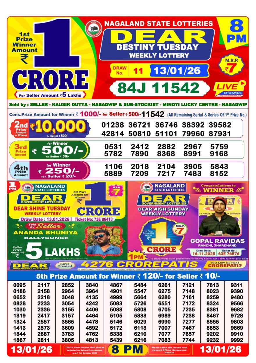 Dear Lottery Result Today 8 PM – 13 January 2026