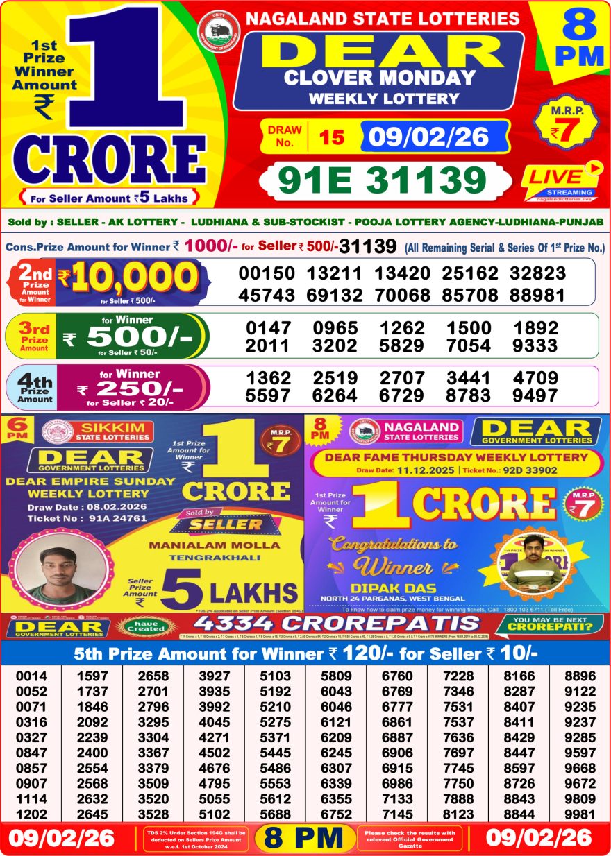 Dear Lottery Result Today 8 PM – 09 February 2026