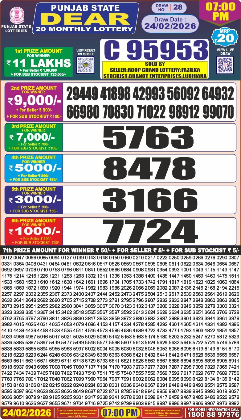 Punjab state dear 20 Monthly Lottery Result 24 February 2026