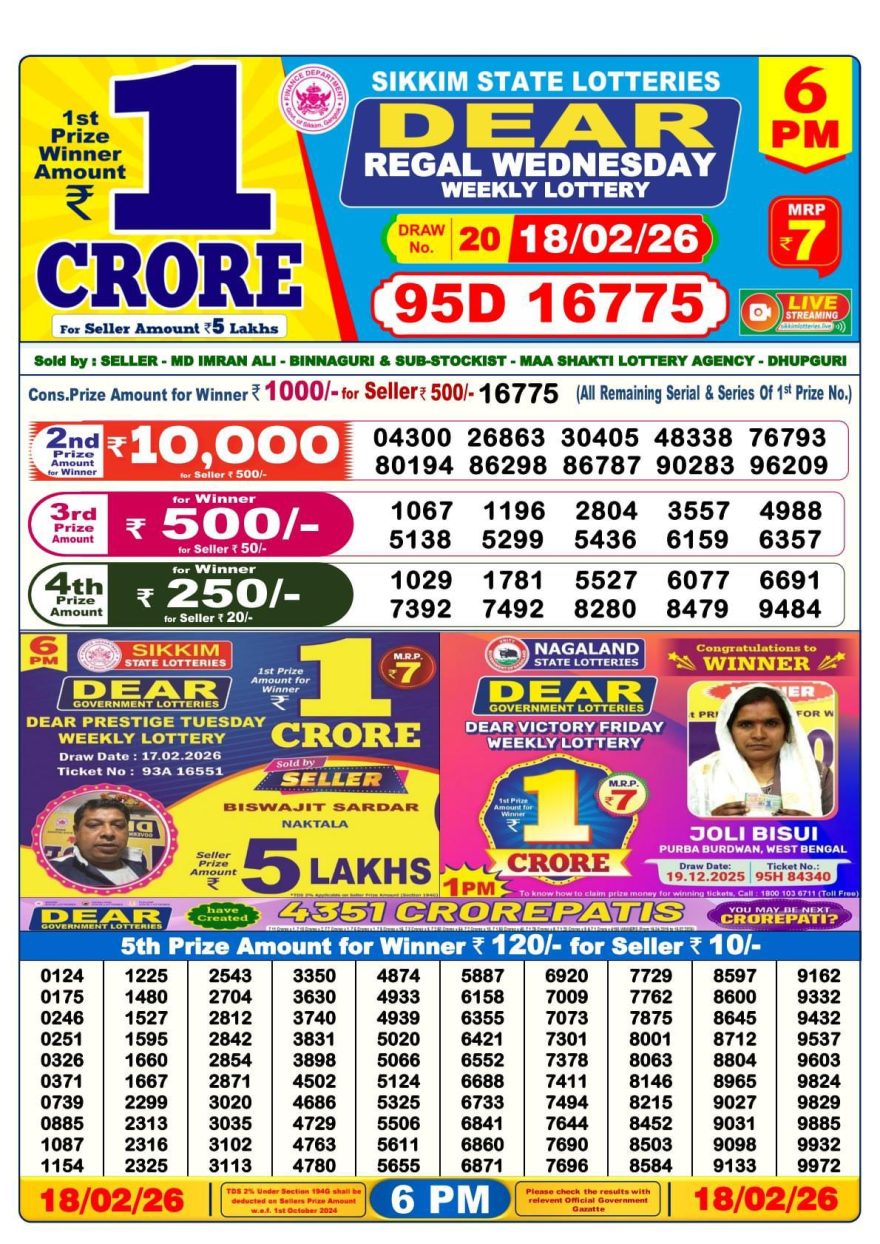 Dear Lottery Result Today 6 PM – 18 February 2026