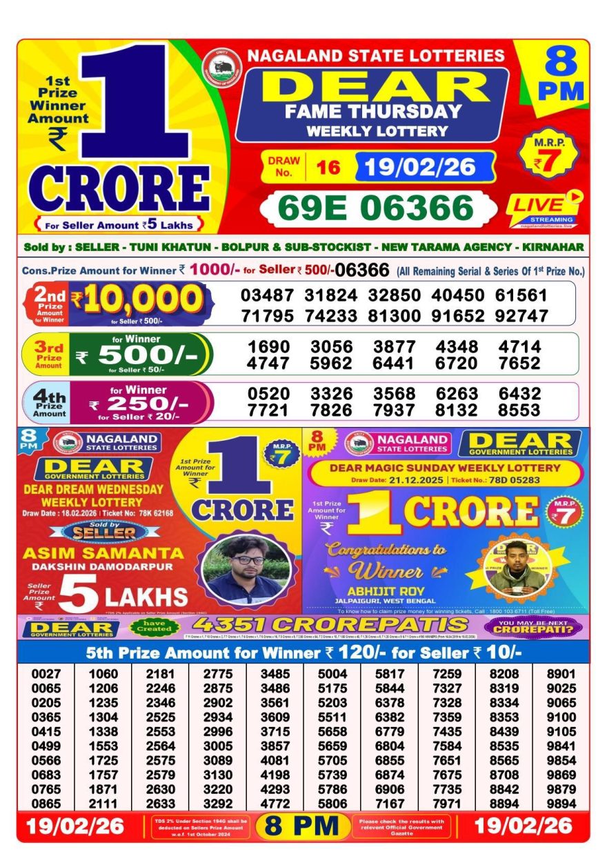 Dear Lottery Result Today 8 PM – 19 February 2026