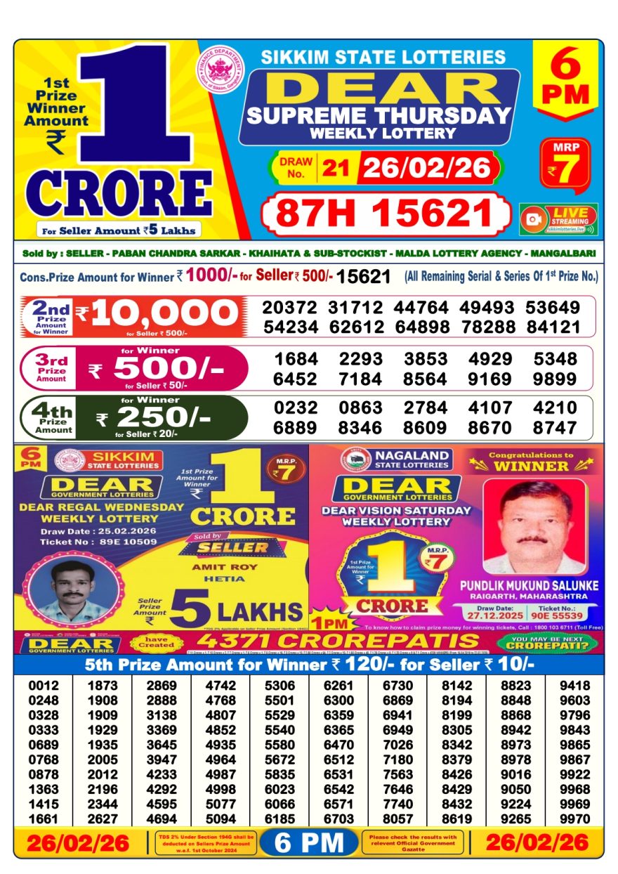Dear Lottery Result Today 6 PM – 26 February 2026