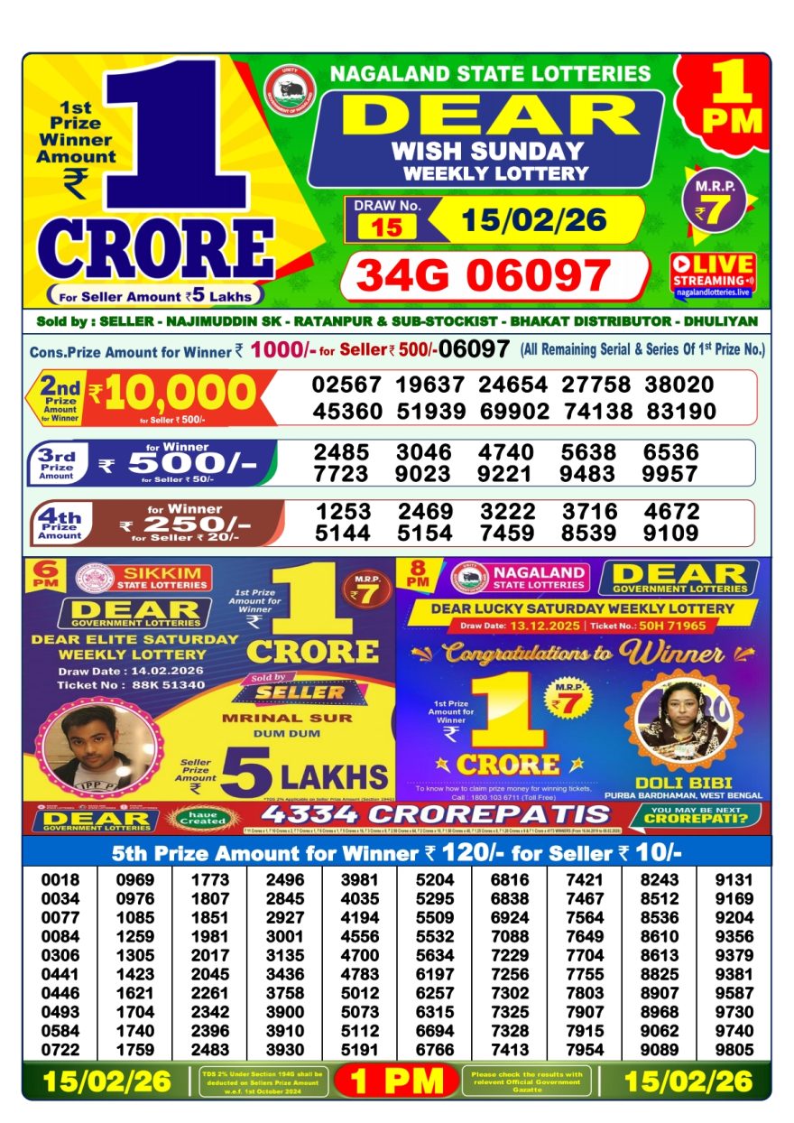 Dear Lottery Result Today 1 PM – 15 February 2026