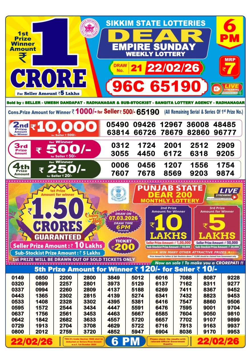 Dear Lottery Result Today 6 PM – 22 February 2026
