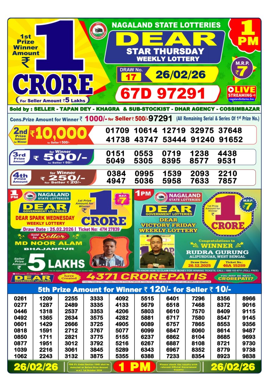 Dear Lottery Result Today 1 PM – 26 February 2026