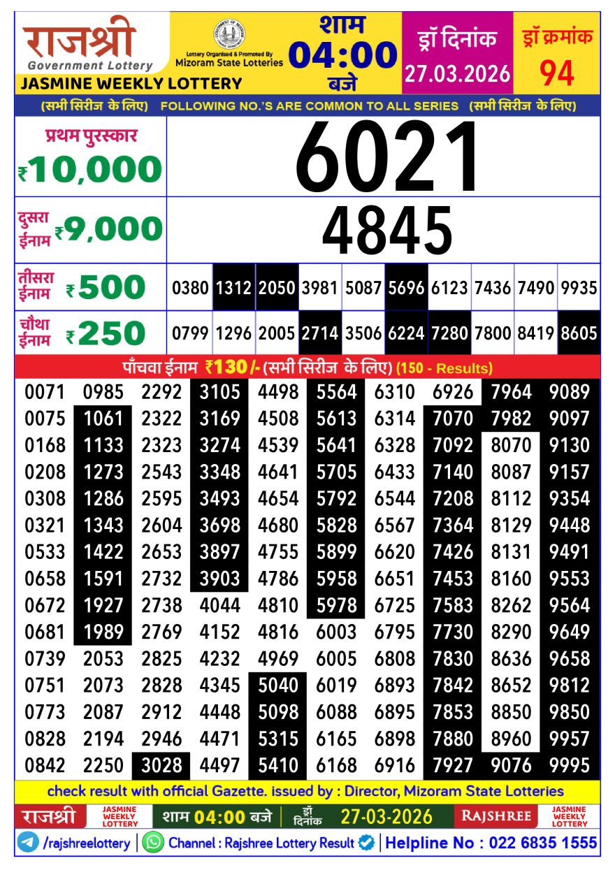 Rajshree Lottery Result 4 PM Dated 27 March 2026