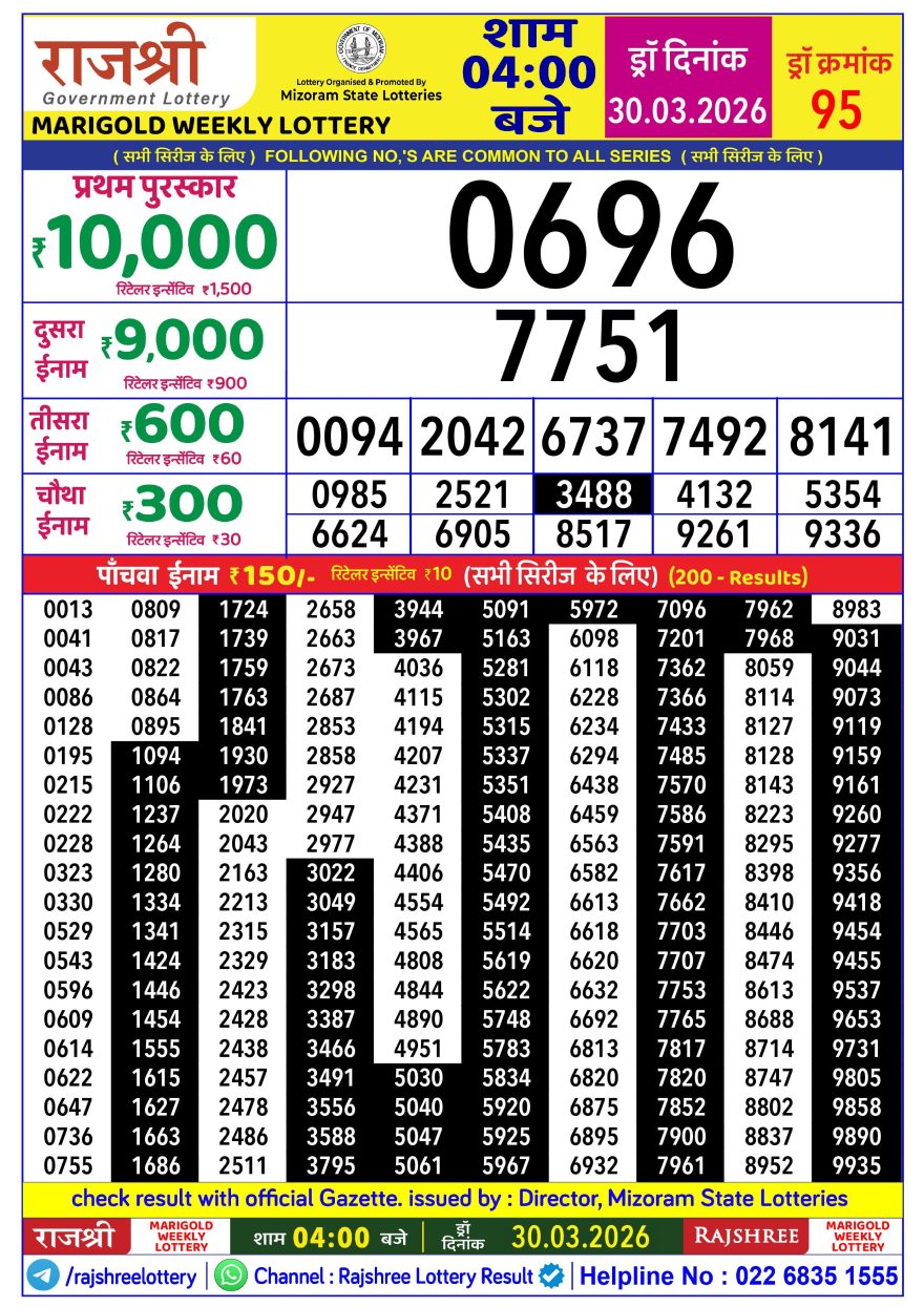 Rajshree Lottery Result 4 PM Dated 30 March 2026