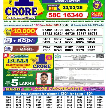 Dear Lottery Result 1 PM Dated 23 March 2026