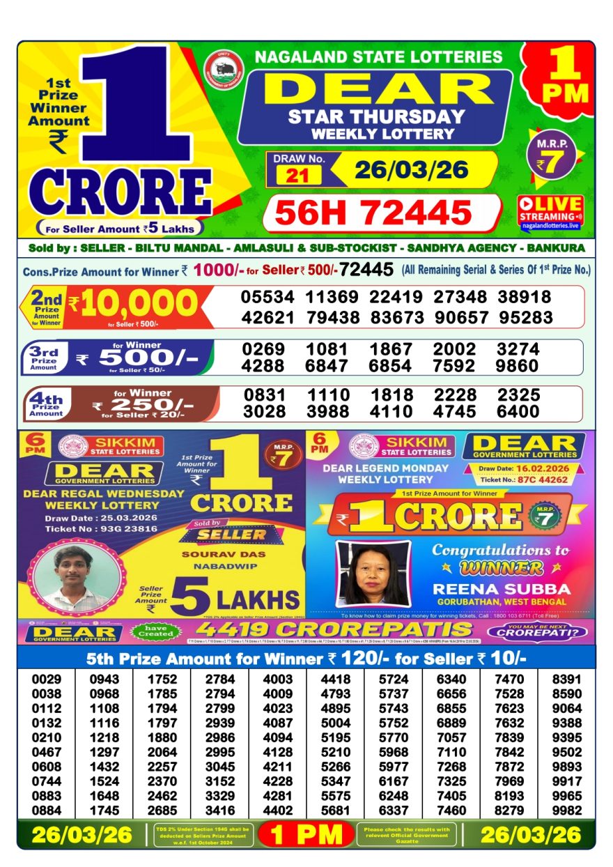 Dear Lottery Result 1 PM Dated 26 March 2026
