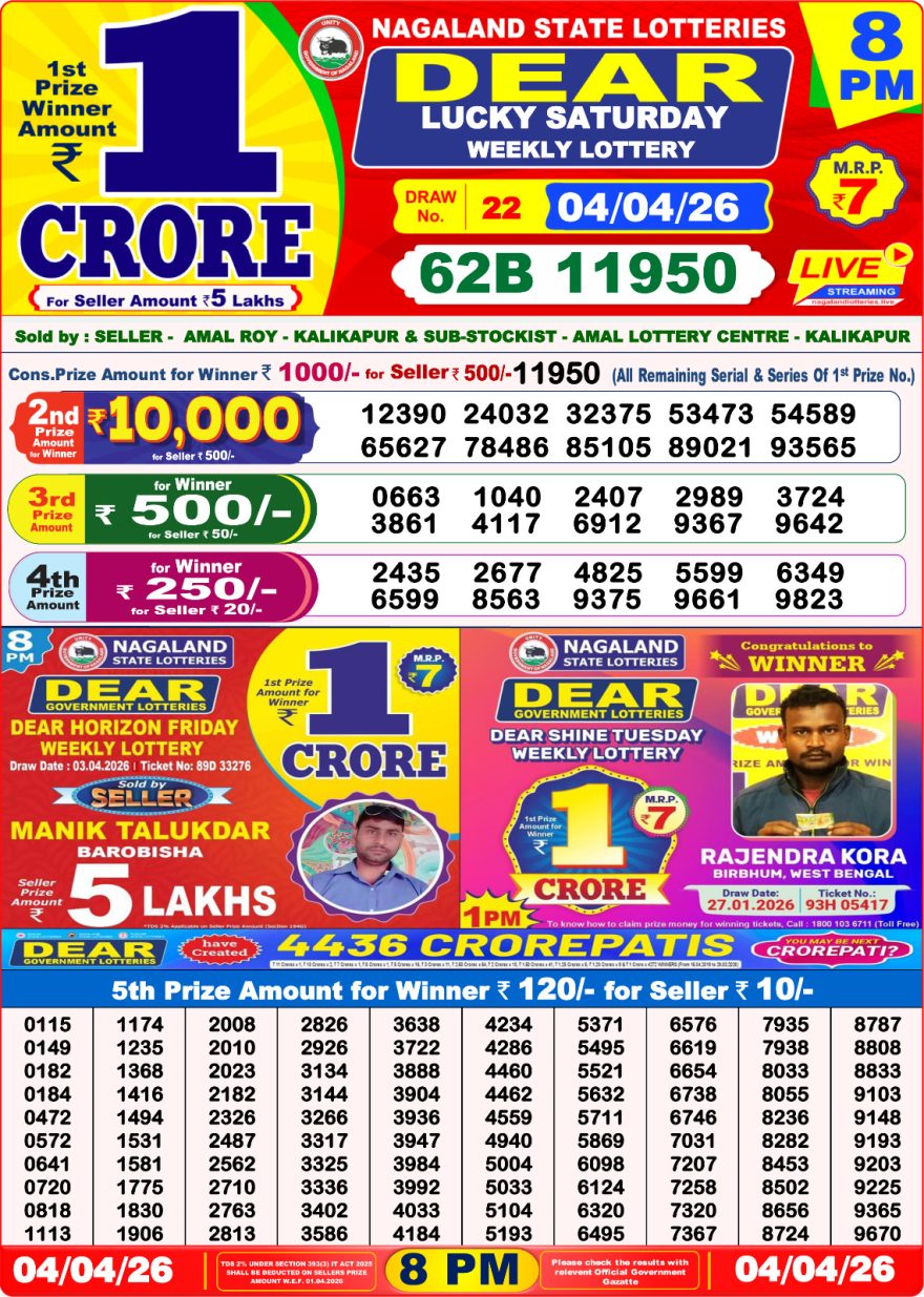 Dear Lottery Result 8 PM Dated 04 April 2026