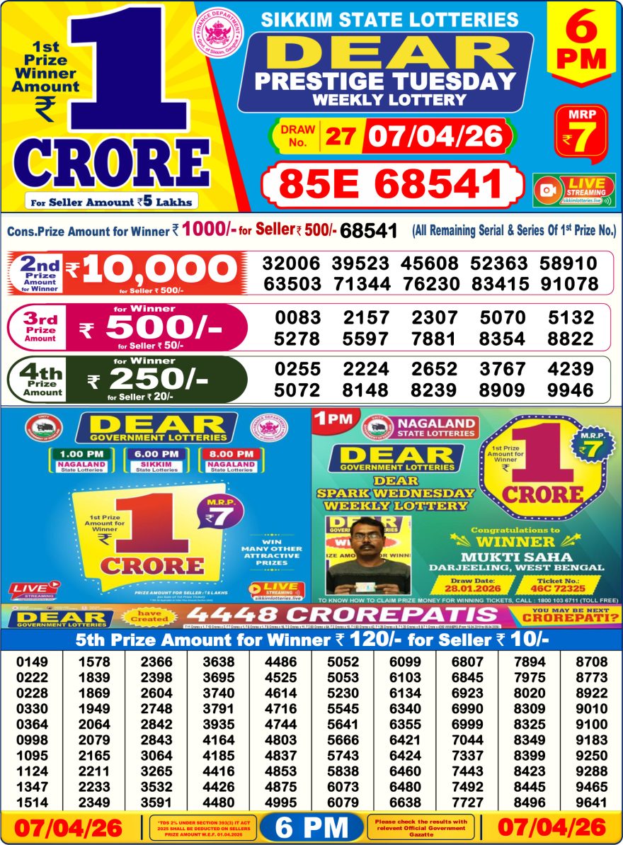 Dear Lottery Result Today 6 PM Dated 07 April 2026