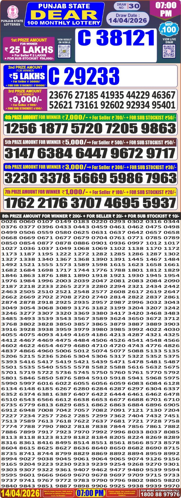 Punjab State 100 Monthly Lottery Result 14 April 2026