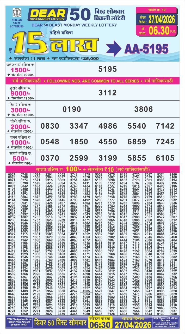 Punjab State Lottery Dear 50 Result 6:30 PM Dated 27 April 2026