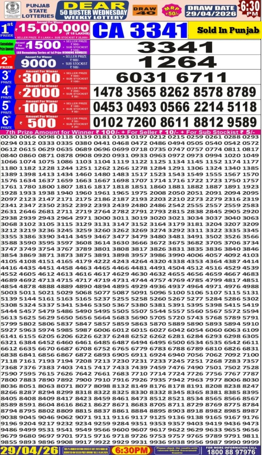 Punjab State Lottery Dear 50 Result 6:30 PM Dated 29 April 2026