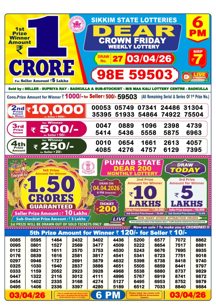 Dear Lottery Result Today 6 PM Dated 03 April 2026