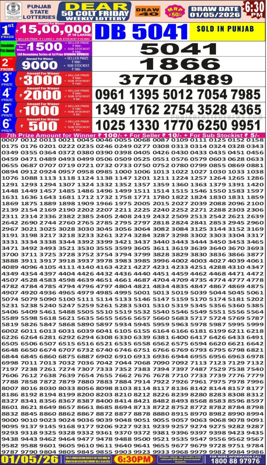 Punjab State Lottery Dear 50 Result 6:30 PM Dated 01 May 2026