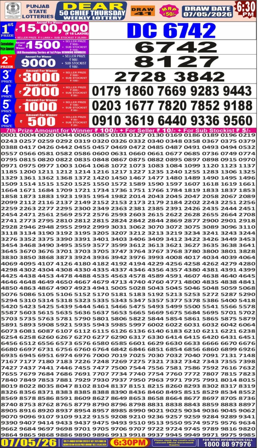 Punjab State Lottery Dear 50 Result 6:30 PM Dated 07 May 2026