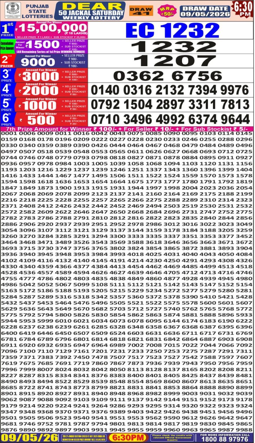 Punjab State Lottery Dear 50 Result 6:30 PM Dated 09 May 2026