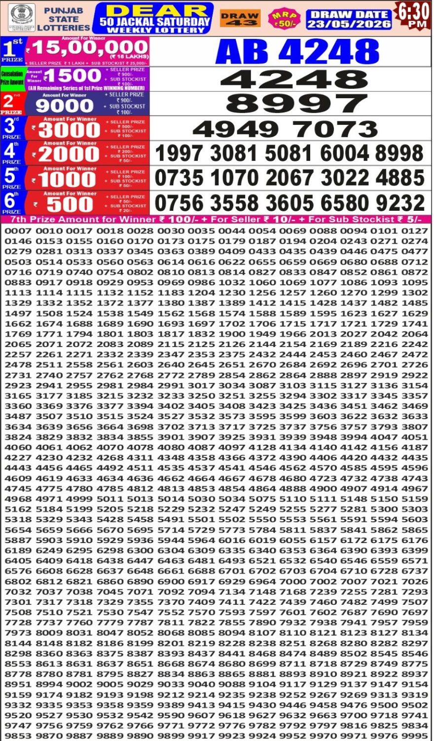 Punjab State Lottery Dear 50 Result 6:30 PM Dated 23 May 2026