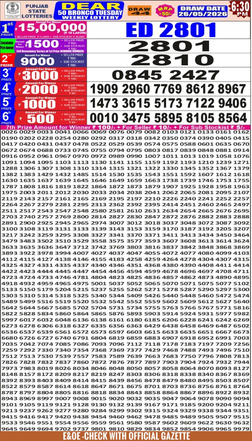 Punjab State Lottery Dear 50 Result 6:30 PM Dated 26 May 2026