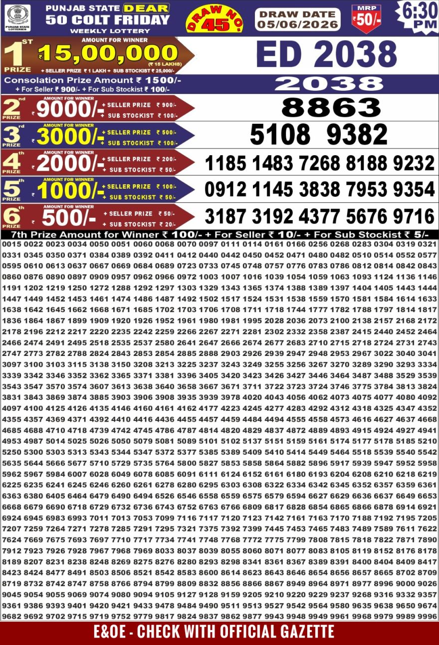 Punjab State Lottery Dear 50 Result 6:30 PM Dated 05 June 2026