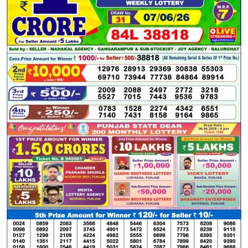 Dear Lottery Result 1 PM Dated 07 June 2026