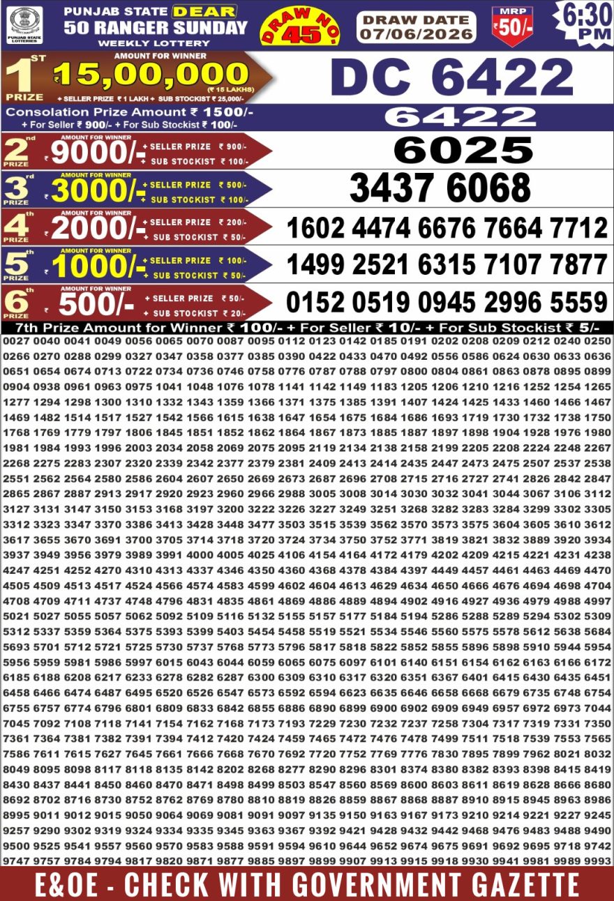 Punjab State Lottery Dear 50 Result 6:30 PM Dated 07 June 2026