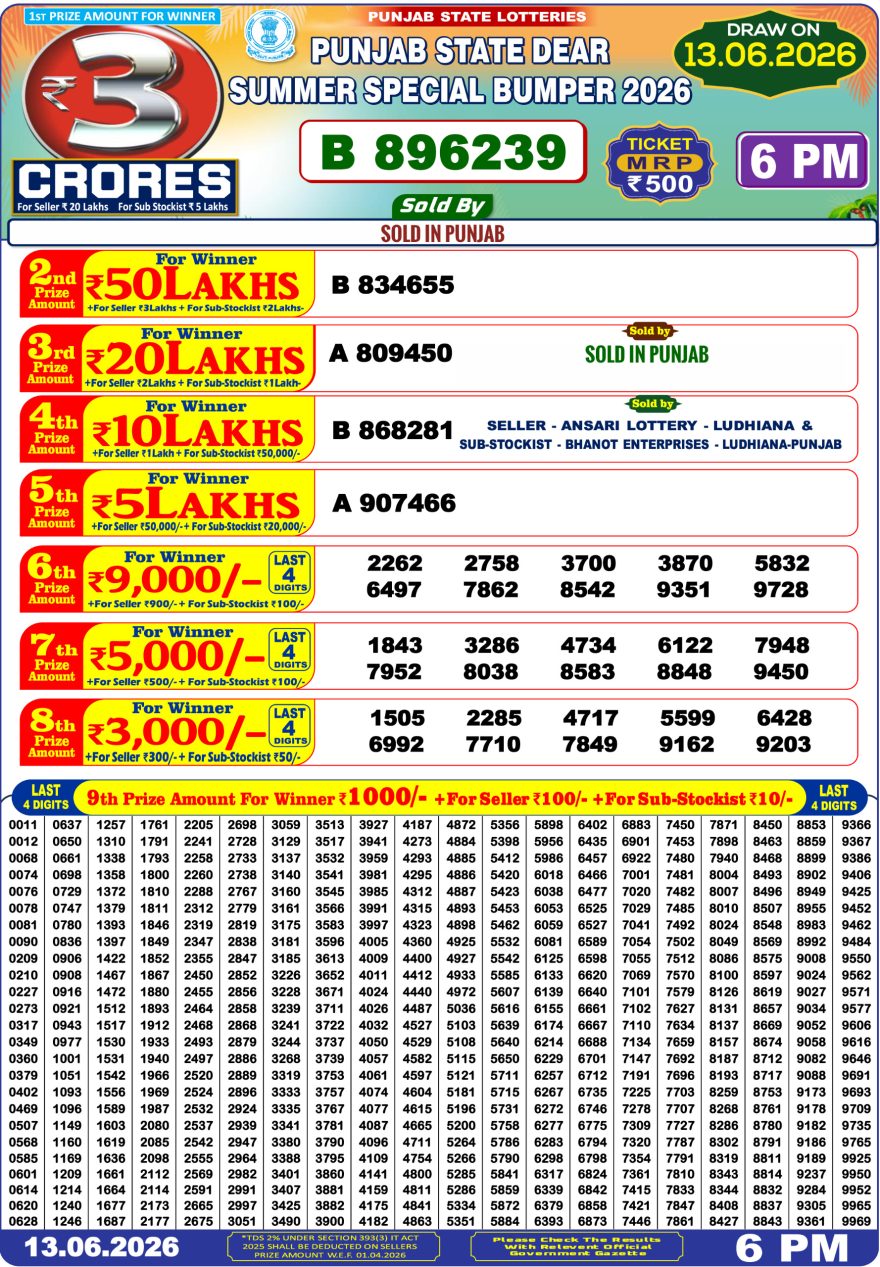 Punjab State Dear Summer Special Bumper Draw Outcome 13 June 2026