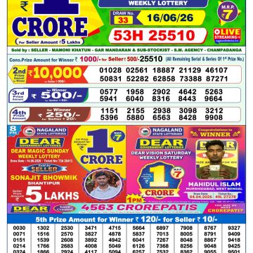 Dear Lottery Result 1 PM Dated 16 June 2026