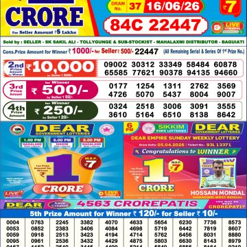 Dear Lottery Result Today 6 PM Dated 16 June 2026