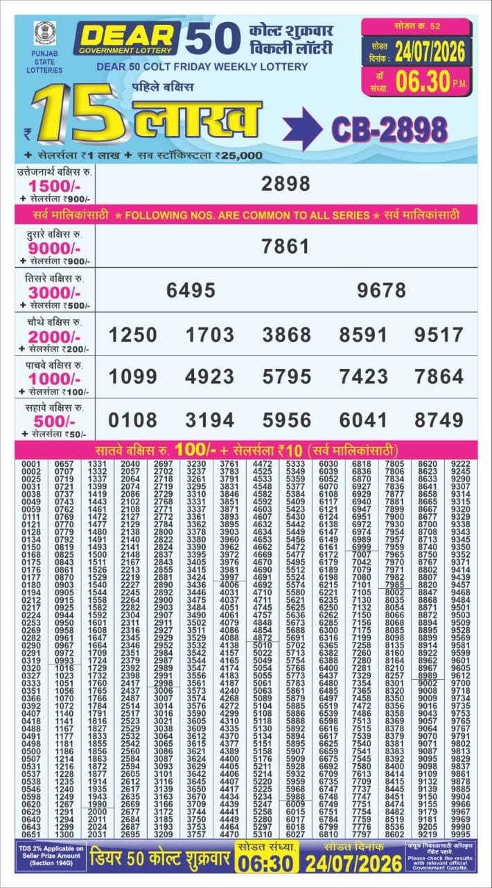 Punjab State Lottery Dear 50 Result 6:30 PM Dated 24 July 2026