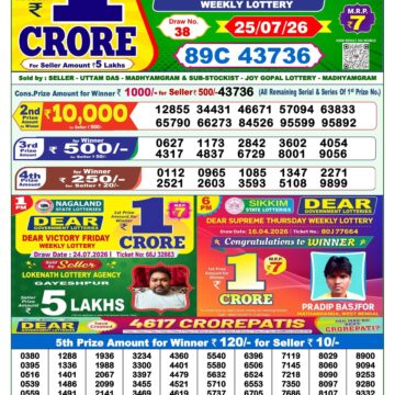 Dear Lottery Result 1 PM Dated 25 July 2026
