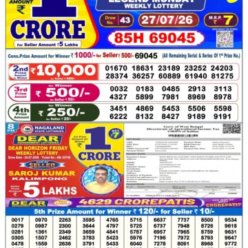 Dear Lottery Result Today 6 PM Dated 27 July 2026