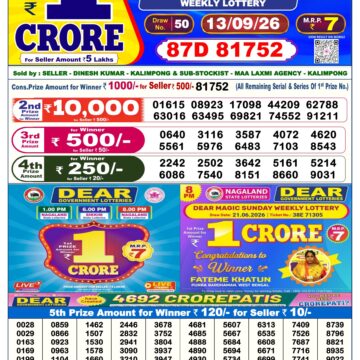 Dear Lottery Result Today 6 PM Dated 13 September 2026