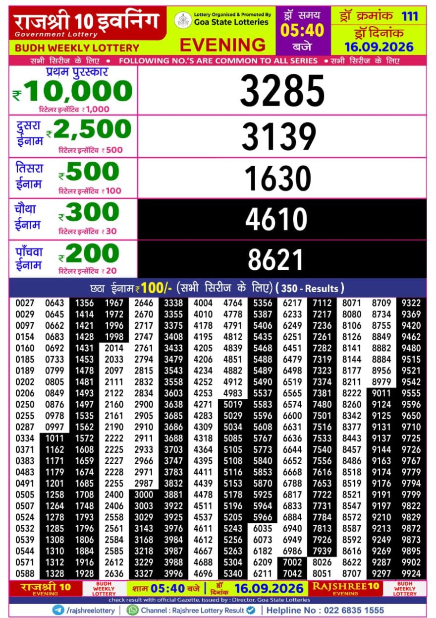 Rajshree 10 Lottery Result 5:40 PM Dated 16 September 2026