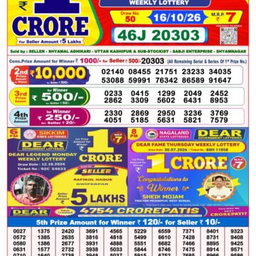 Dear Lottery Result 8 PM Dated 16 October 2026